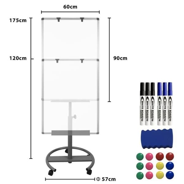 XMTECH blädderblock staffli, 60x90 cm magnetisk whiteboardtavla med hjul, höjdjusterbar, magnetisk, raderbar, flyttbar