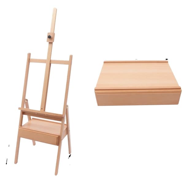 Taidealusta säilytyslaatikolla, säädettävä korkeus 60-90 cm, kestävä pyökki-rakenteinen,khaki