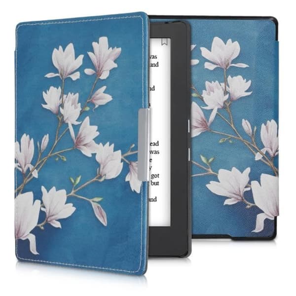kwmobile eReader-fodral kompatibel med Kobo Aura H2O Edition 1 - fodral med magnetisk flik i konstläder - magnolior taupe-vit-
