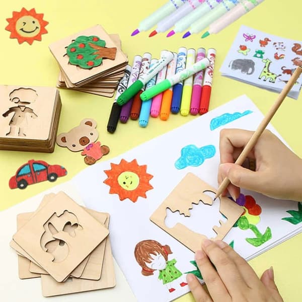 OBOSOE trä målning mall uppsättning Doodle leksak kit för pojkar och flickor hålig Carving ritning verktyg för förskola och grundskola