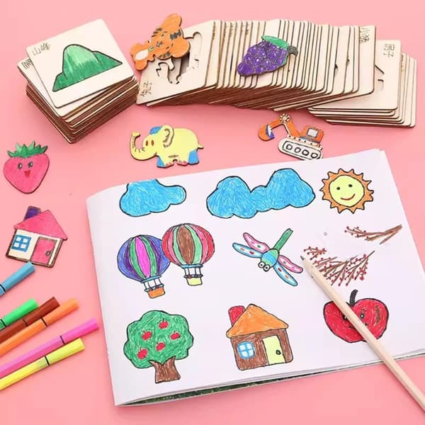 OBOSOE trä målning mall uppsättning Doodle leksak kit för pojkar och flickor hålig Carving ritning verktyg för förskola och grundskola