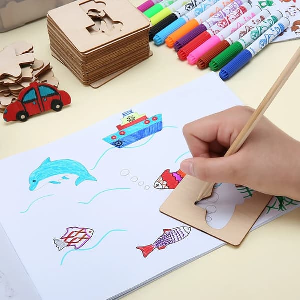 OBOSOE trä målning mall uppsättning Doodle leksak kit för pojkar och flickor hålig Carving ritning verktyg för förskola och grundskola