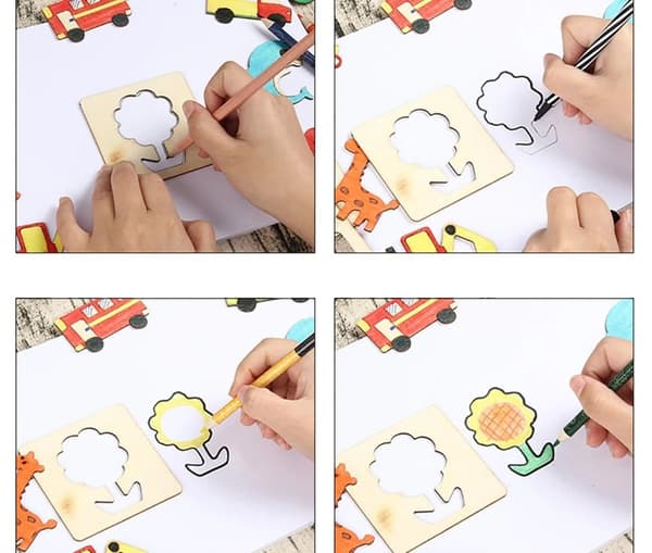 OBOSOE trä målning mall uppsättning Doodle leksak kit för pojkar och flickor hålig Carving ritning verktyg för förskola och grundskola