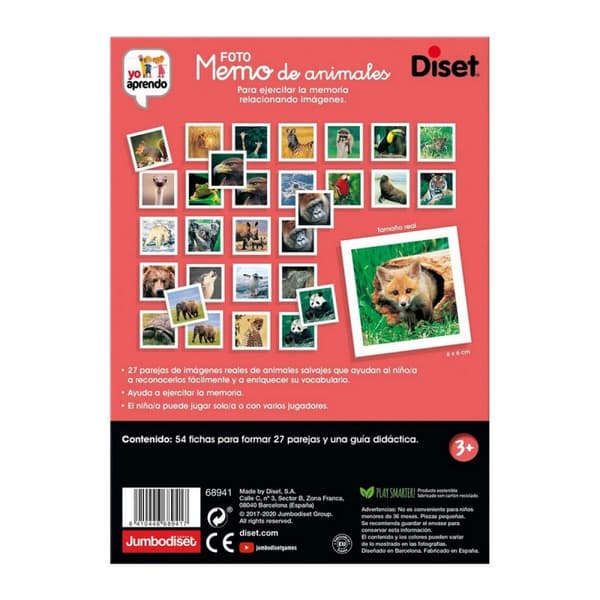 Utbildningsspel Diset Memo Photo Animales 54 Delar