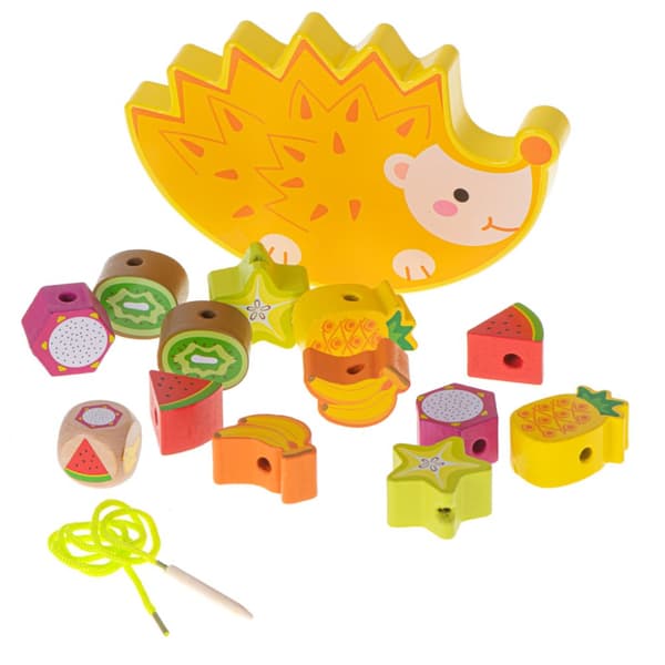 Montessori-arcade-peli, tasapainopalapeli, puupalikat, siili, kierteitetyt hedelmät