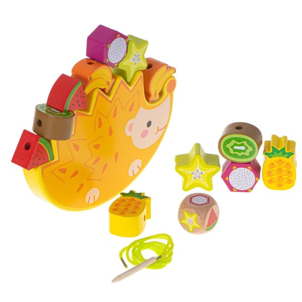Montessori-arcade-peli, tasapainopalapeli, puupalikat, siili, kierteitetyt hedelmät