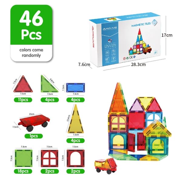 Magnetiska Byggplattor, 50 delar Set, Säkra och Hållbara Material,46st med låda
