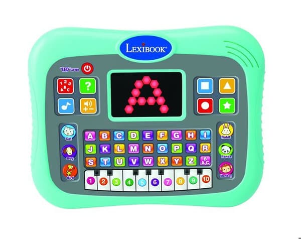 ABC tosproget talende pædagogisk tablet med berøringsskærme og LED-skærm, der illustrerer interaktioner med spillet på engelsk.
