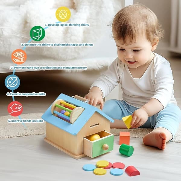 Montessori Träleksak/Pedagogiska leksaker – 5-i-1 Träform & Stapelspel | Lärorikt Lekmaterial för 1-3 År | Naturligt & Säkert