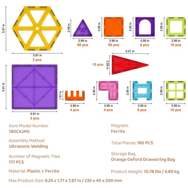 Magnetiskt byggset, 180 delar, säkert plastmaterial,180 st