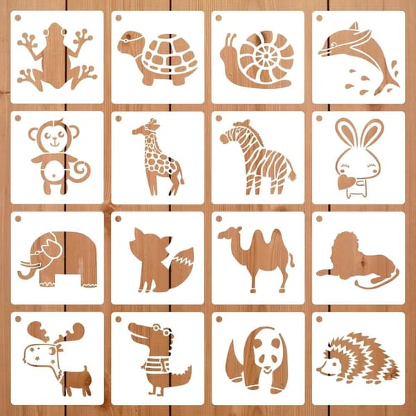 OBOSOE 16 stykker stencils med dyretema yard genanvendelige maleri stencils til scrapbog tegning sporing DIY gulv stof dekorationer