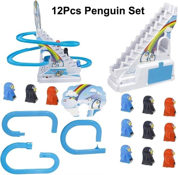 OBOSOE sjovt legetøj pingvin rutsjebane legetøjssæt, automatisk trappeklatring pingvin tegneserie racerbane sæt rulletrappe legetøj med lys og musik 12pcs  Penguins