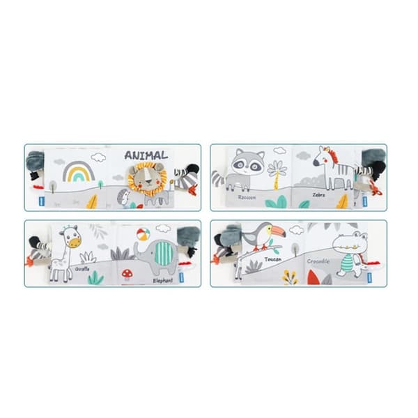 Lollanda Activity Toy – harmaavalkoinen kangaskirja vauvalle, oppimislelu, aistilelukirja, pehmeä lastenkirja vauvoille, eläinaiheilla