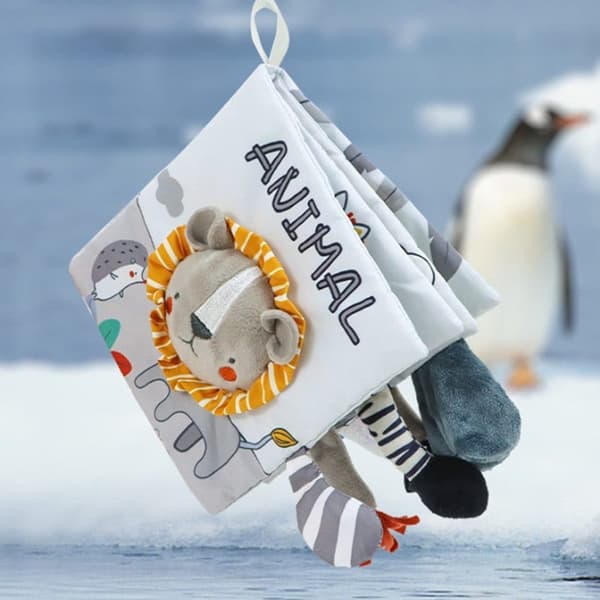 Lollanda Activity Toy – harmaavalkoinen kangaskirja vauvalle, oppimislelu, aistilelukirja, pehmeä lastenkirja vauvoille, eläinaiheilla