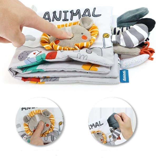 Lollanda Activity Toy – harmaavalkoinen kangaskirja vauvalle, oppimislelu, aistilelukirja, pehmeä lastenkirja vauvoille, eläinaiheilla
