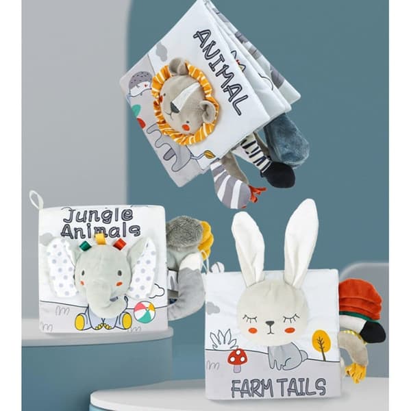 Lollanda Activity Toy – harmaavalkoinen kangaskirja vauvalle, oppimislelu, aistilelukirja, pehmeä lastenkirja vauvoille, eläinaiheilla