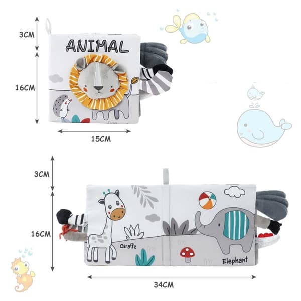 Lollanda Activity Toy – harmaavalkoinen kangaskirja vauvalle, oppimislelu, aistilelukirja, pehmeä lastenkirja vauvoille, eläinaiheilla
