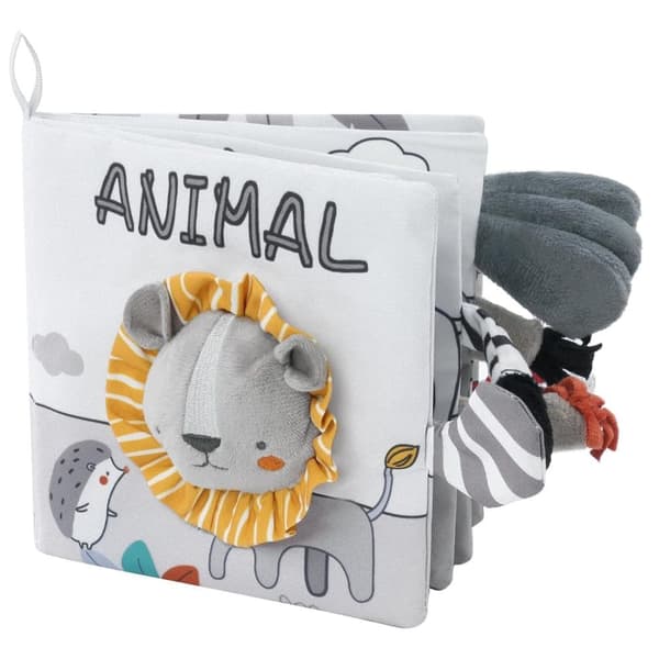 Lollanda Activity Toy – harmaavalkoinen kangaskirja vauvalle, oppimislelu, aistilelukirja, pehmeä lastenkirja vauvoille, eläinaiheilla