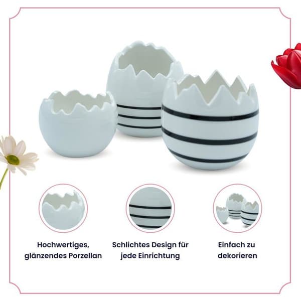 Coquetier Heitmann deco - 1020142 - Set med 3 äggkoppar i vit porslin med svarta dekorationer