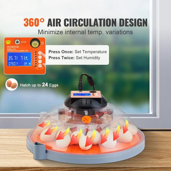 24st/gång 40W multifunktionell ägg inkubatorer, 360° luftcirkulationsdesign, automatisk äggvändning/vattenfyllning, hög transparens