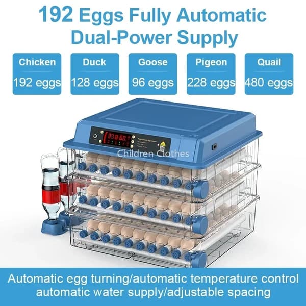 Automatisk Æg Inkubator, 128 Æg Kapacitet, Dobbelt Strømforsyning,EU stik 220v DC 12V, 192 æg