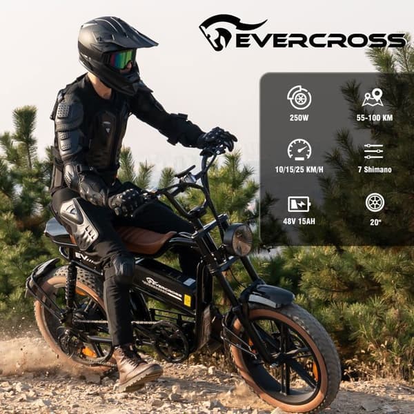 EVERCROSS Elcykel 20" Fat Tires EK30 - Avtagbart batteri 48V 15Ah 250W Motor 7-växlad dubbla skivbromsar - Svart
