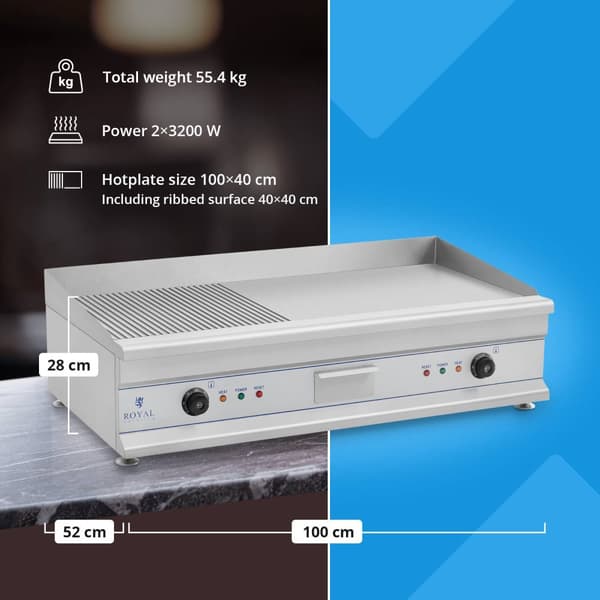 Royal Catering Elektriskt stekbord - Dubbelt - 100 cm - Slät/räfflad - 2 x 3200 W