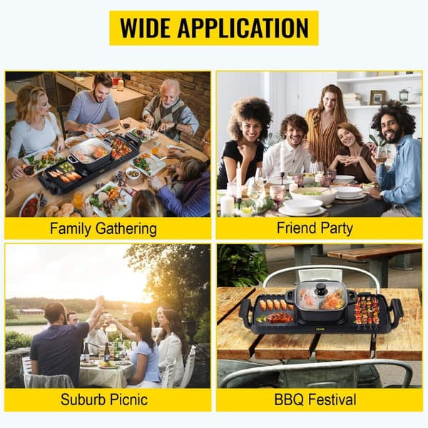 Sähköinen BBQ Pannugrilli ja Hot Pot 2400W - 5 Lämpötilan Säätö, Tarttumaton Pinnoite, Karkaistu Lasikansi