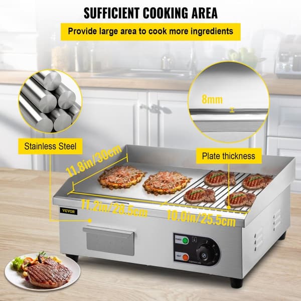 Elektrisk Stegeplade - 1600W/3200W Rustfrit Stål Flad Top Grill til Pandekage Kylling - Stort Stegeområde, Nøjagtig Temperaturkontrol, Olie Dryphul &