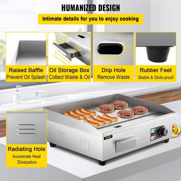 Elektrisk Stegeplade - 1600W/3200W Rustfrit Stål Flad Top Grill til Pandekage Kylling - Stort Stegeområde, Nøjagtig Temperaturkontrol, Olie Dryphul &