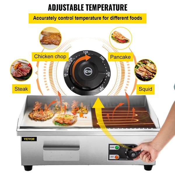 Sähkögrilli - 1600W/3200W Ruostumaton Teräs Tasapohjainen Parilagrilli Pannukakuille ja Broilerille - Suuri Paistoalue, Tarkka Lämpötilansäätö, Rasvan