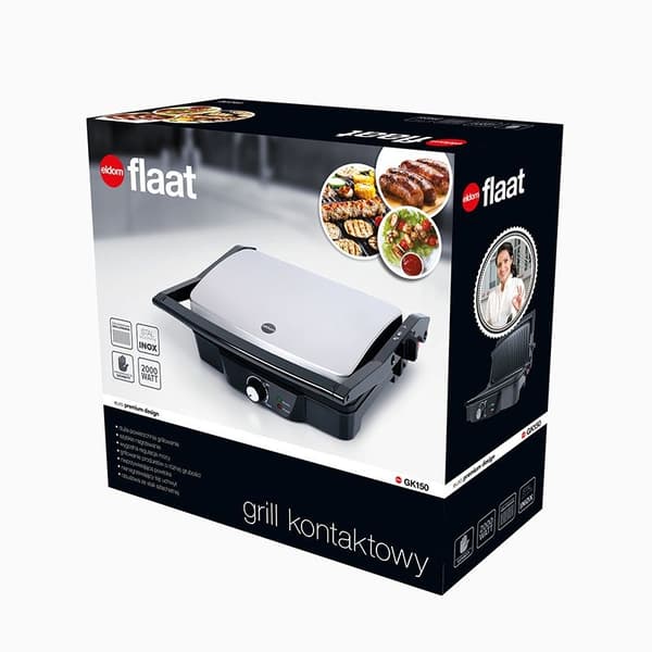 Kontaktgrill - 2000W - justerbare ben - non-stick belægning - rustfrit stål