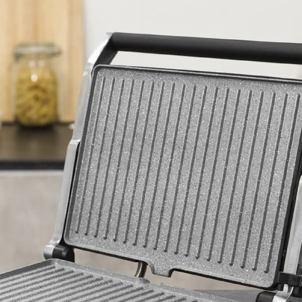 Cecotec 2400-W electric grill, coated with RockStone, with 180-degree opening and floating top plate.