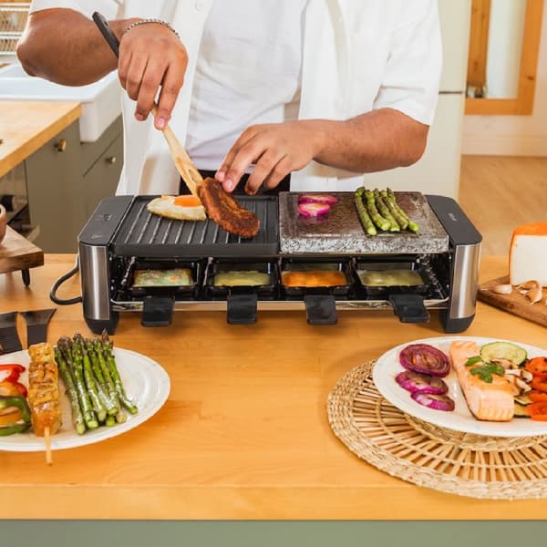 Cecotec 1400 W Cheese Raclette and grill with top grill with two plates and stainless steel finish.