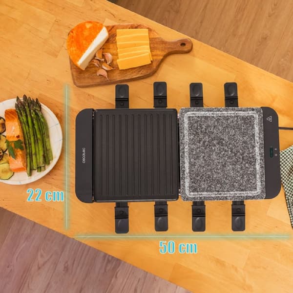 Cecotec 1400 W Cheese Raclette and grill with top grill with two plates and stainless steel finish.