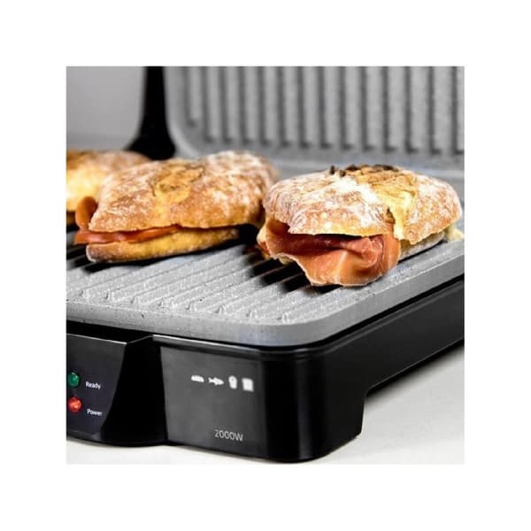 Cecotec 2000-W electric grill, coated with RockStone, with temperature adjustment function and 180-degree opening.