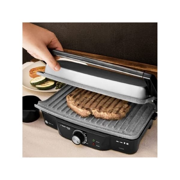 Cecotec 1500-W electric contact grill, coated with RockStone, with 180-degree opening. Includes 2 fat-drip trays.