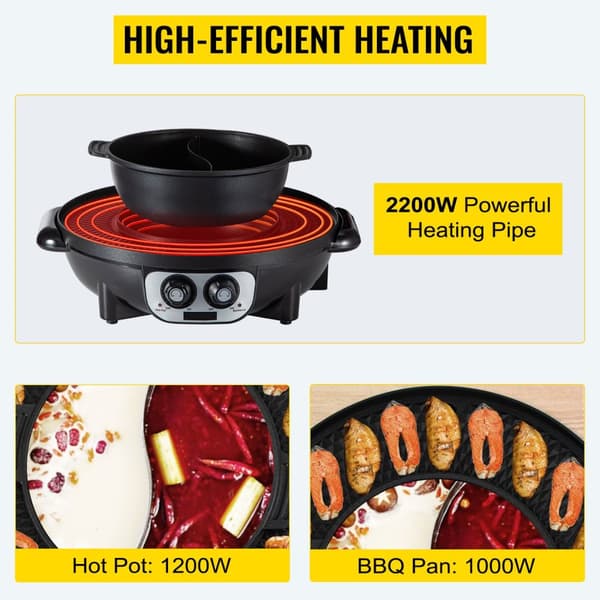 2200W 2-i-1 elektrisk grill varm gryta med oljeläckage utlopp, dubbel temperaturkontroll, effektiv uppvärmning, säker att använda