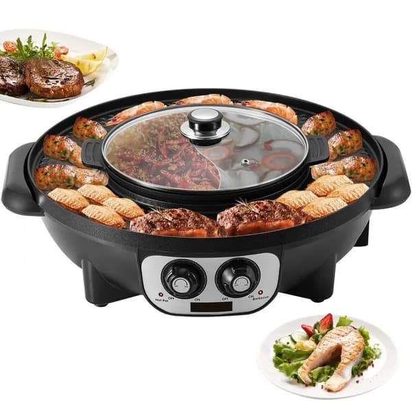 2200W 2-i-1 elektrisk grill varm gryta med oljeläckage utlopp, dubbel temperaturkontroll, effektiv uppvärmning, säker att använda