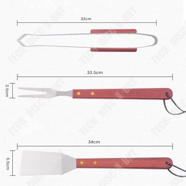 TD® BBQ Tool Rostfritt stål Grill Tre-delad kombinationsset Trähandtag Gaffel Spade Tång Grå