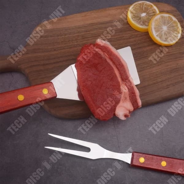 TD® BBQ Tool Rostfritt stål Grill Tre-delad kombinationsset Trähandtag Gaffel Spade Tång Grå