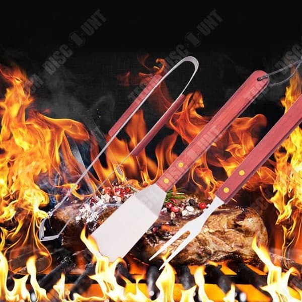 TD® BBQ Tool Rostfritt stål Grill Tre-delad kombinationsset Trähandtag Gaffel Spade Tång Grå