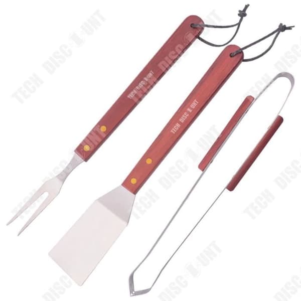 TD® BBQ Tool Rostfritt stål Grill Tre-delad kombinationsset Trähandtag Gaffel Spade Tång Grå