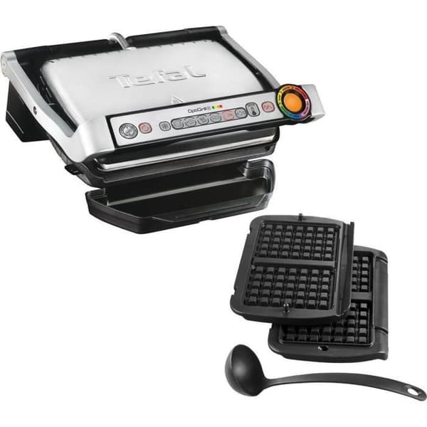 TEFAL GC716D Optigrill elektrisk grill + våffeltillbehör - 2000 W - Svart / Rostfritt stål