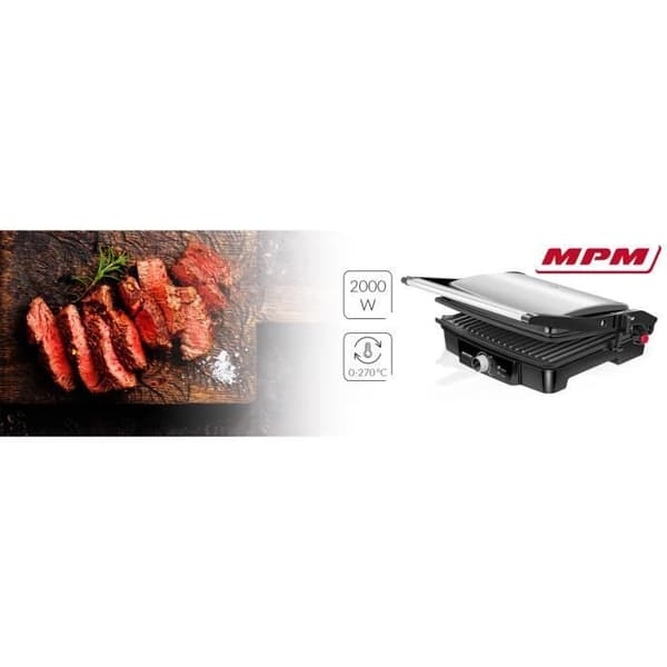 MPM MGR-09M Grill med dubbelt tippbart lock, höjdjusterbar öppning vid 180°C non-stick plattor rostfritt stål 2000W
