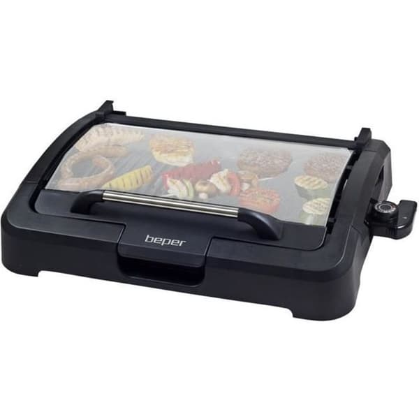 BEPER 90871 elektrisk grill - Avtagbart glaslock - Non-stick tallrik - Justerbar termostat - 2200W