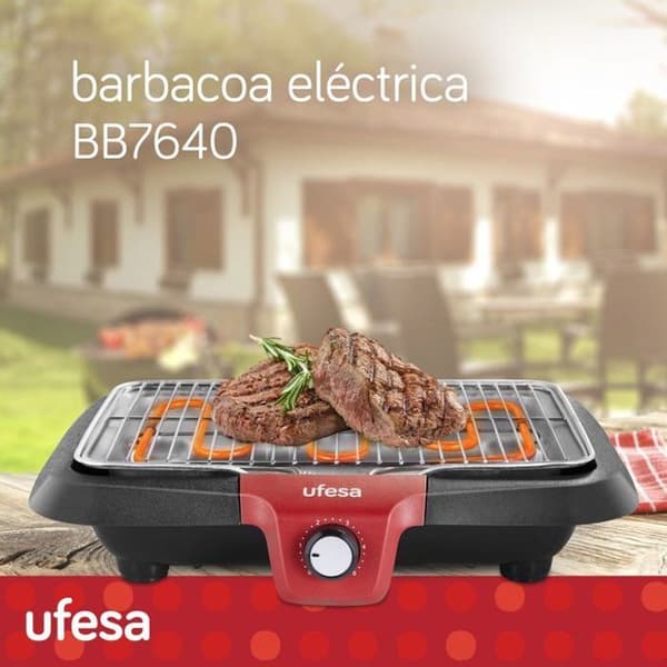 UFESA BB7640 elektrisk grill - Låg rök, termiskt motstånd, automatisk avstängning - Yta 38x24 cm