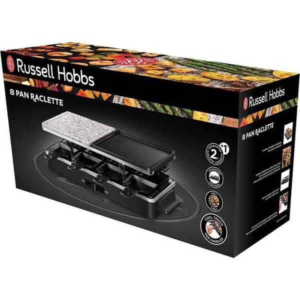 Russell Hobbs Raclette - laite - 26280-56 - 3 in 1 monitoimilaite - 8 hengelle - 1400W - paistokivi - käännettävä grilli