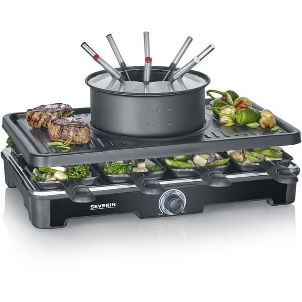 Raclette-fondue-yhdistelmä - SEVERIN - RG2347 - 8 hengelle - Caquelon 8 haarukalla ja 8 lastalla - Musta
