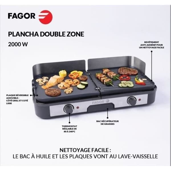 FAGOR elektrisk stekpanna - FG823 - XL-kokyta: 50,8x25,4 cm - Justerbar termostat - 2000 W